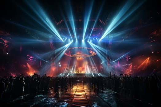 Ai generative Crowded Concert Stage Scenery With Spotlights and Colored Lights realistic image, ultra hd photo