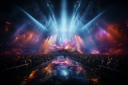 Ai generative Crowded Concert Stage Scenery With Spotlights and Colored Lights realistic image, ultra hd photo