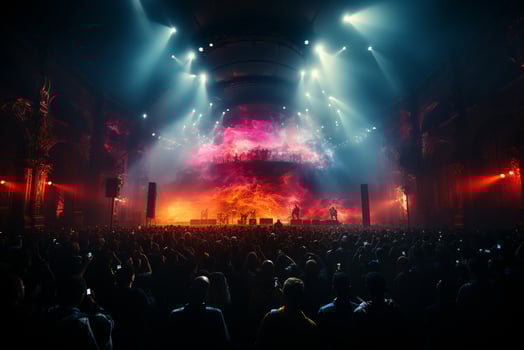 Ai generative Crowded Concert Stage Scenery With Spotlights and Colored Lights realistic image, ultra hd photo