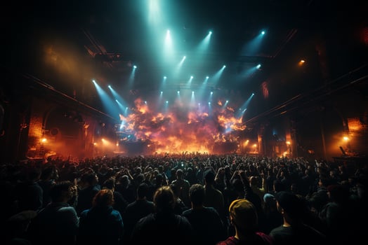 Ai generative Crowded Concert Stage Scenery With Spotlights and Colored Lights realistic image, ultra hd photo