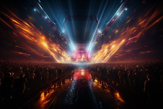 Ai generative Crowded Concert Stage Scenery With Spotlights and Colored Lights realistic image, ultra hd photo