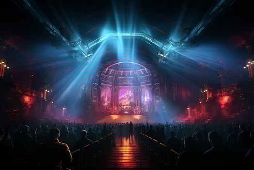 Ai generative Crowded Concert Stage Scenery With Spotlights and Colored Lights realistic image, ultra hd photo