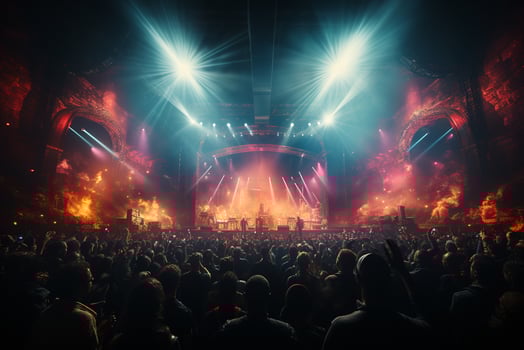 Ai generative Crowded Concert Stage Scenery With Spotlights and Colored Lights realistic image, ultra hd photo