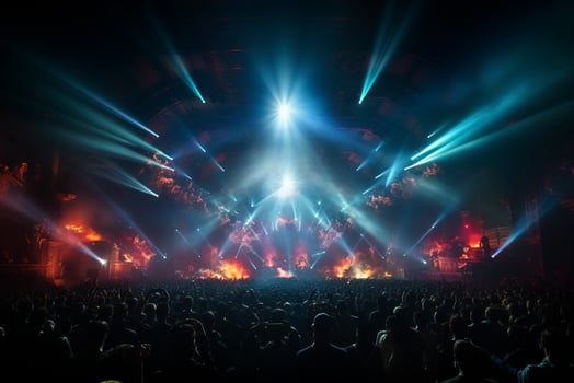 Ai generative Crowded Concert Stage Scenery With Spotlights and Colored Lights realistic image, ultra hd photo
