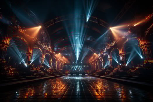 Ai generative Crowded Concert Stage Scenery With Spotlights and Colored Lights realistic image, ultra hd photo