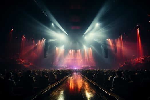 Ai generative Crowded Concert Stage Scenery With Spotlights and Colored Lights realistic image, ultra hd photo