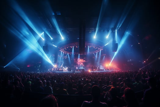 Ai generative Crowded Concert Stage Scenery With Spotlights and Colored Lights realistic image, ultra hd photo