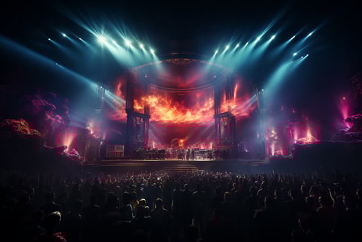 Ai generative Crowded Concert Stage Scenery With Spotlights and Colored Lights realistic image, ultra hd photo