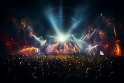 Ai generative Crowded Concert Stage Scenery With Spotlights and Colored Lights realistic image, ultra hd photo