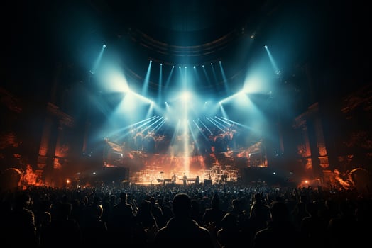 Ai generative Crowded Concert Stage Scenery With Spotlights and Colored Lights realistic image, ultra hd photo