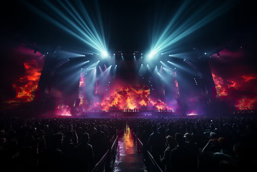 Ai generative Crowded Concert Stage Scenery With Spotlights and Colored Lights realistic image, ultra hd photo