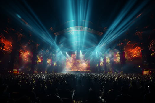 Ai generative Crowded Concert Stage Scenery With Spotlights and Colored Lights realistic image, ultra hd photo