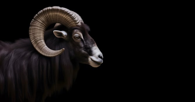 Head shot of dark ram with large helix shaped horns isolated on black photo