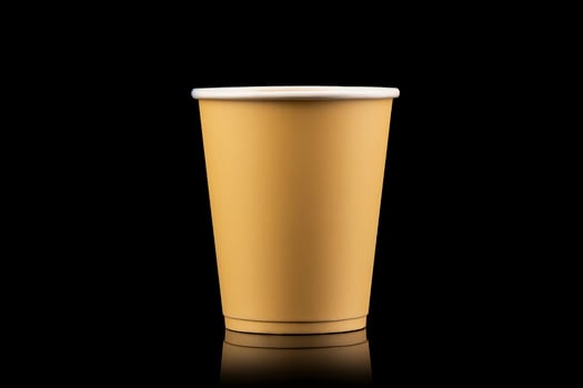 Side view yellow empty disposable paper fast food cup isolated on black background. Generative AI photo