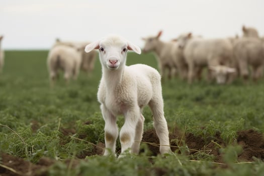 White lamb in a field in front of other animals. Generative AI photo
