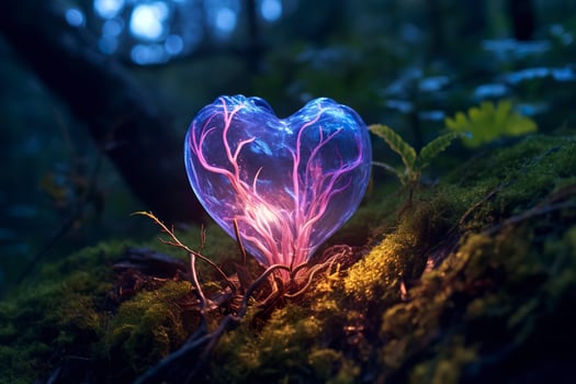 Glowing bioluminescent plant shaped like a human heart, in a mysterious forest. Generative AI photo