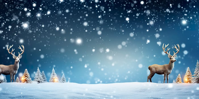 Deer standing in winter snow background with Christmas tree. Merry Christmas and Happy New Year. AI Generated photo