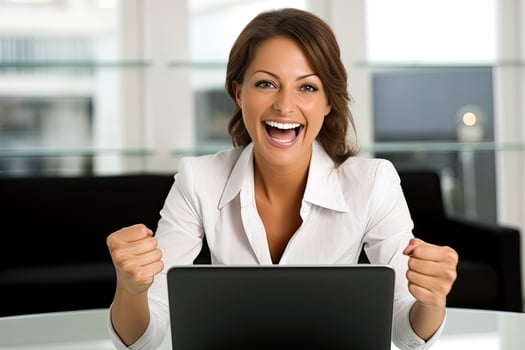 Cheerful businesswoman working on laptop. Success concept. AI Generated photo