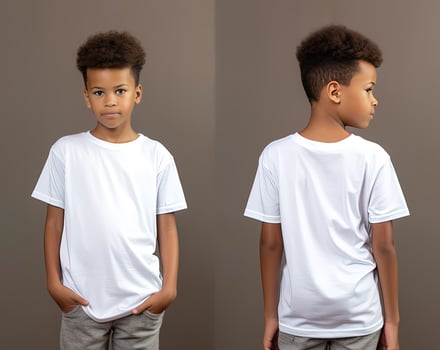 Front and back views of a little boy wearing a white T-shirt. ai generated photo
