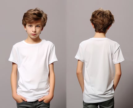 Front and back views of a little boy wearing a white T-shirt. ai generated photo