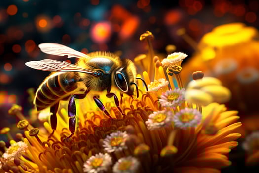 Vibrant AI generator illustration of very realistic bee searching for pollen photo