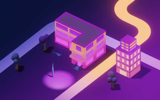Downtown city, neon glowing building, 3d rendering. photo