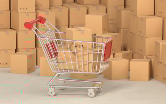 Shopping cart with cardboard boxes inside, 3d rendering. photo