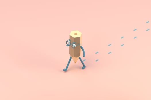 Cartoon pencil character with footprint on the floor, 3d rendering. photo