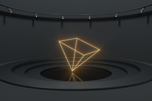 Luxury showcase room with glowing geometrical gem, 3d rendering. photo