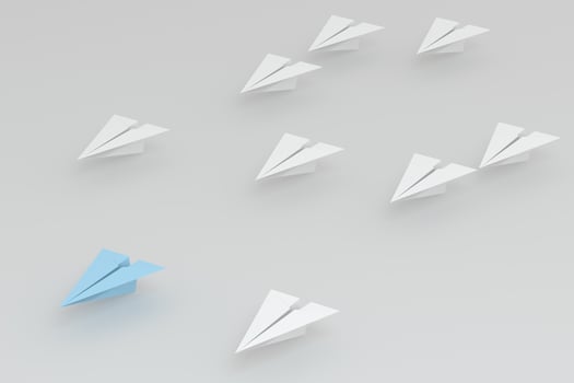 Blue paper plane white ones on white background, 3d rendering. photo