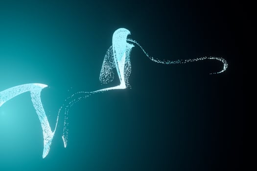 Glowing motion particles with gradient green background, 3d rendering. photo