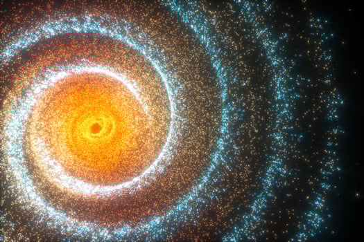 Glowing particles and milky way galaxy,explosive sparks,3d rendering. photo
