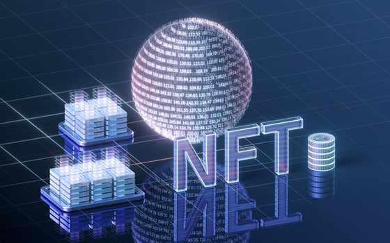 NFT nonfungible tokens concept with dark background, 3d rendering. photo