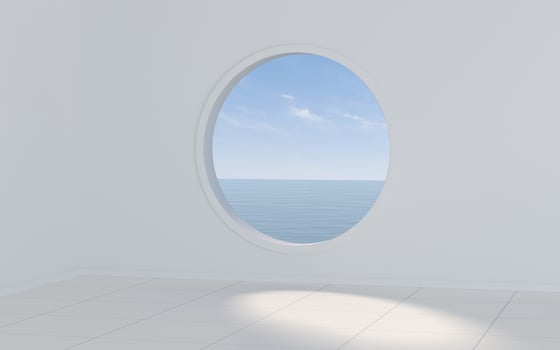 Empty white room with round window, 3d rendering. photo