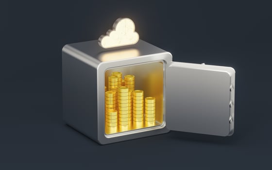 Safe box and gold coins with dark background, 3d rendering. photo