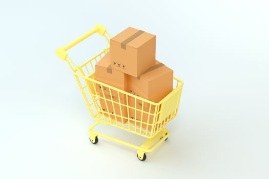 Package boxes and yellow shopping cart, 3d rendering. photo