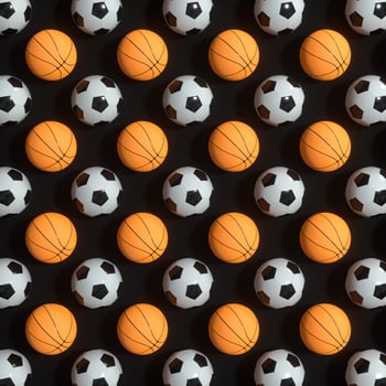 Repeating sports ball pattern with black background, 3d rendering. photo