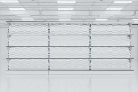 Empty supermarket shelves in the supermarket, 3d rendering. photo