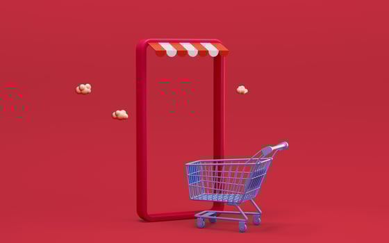 A mobile phone and shopping basket, online shopping, 3d rendering. photo