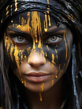 Fashion portrait of Caucasian woman in bright yellow makeup on black background.Generative AI photo