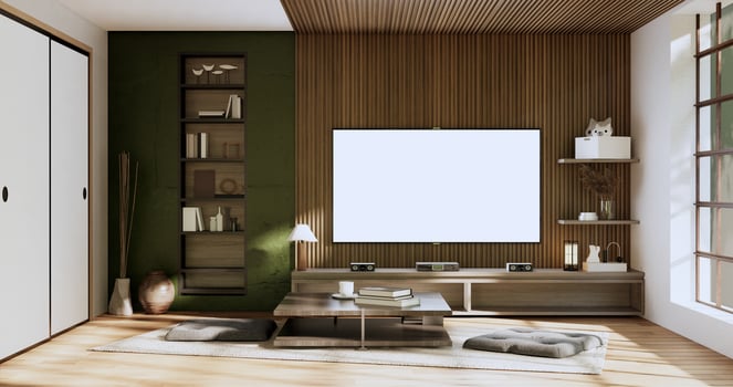 Wabisabi style living interior Concept Green japanese room.3D rendering photo