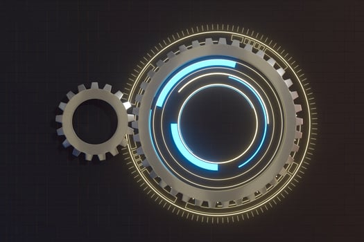 Meshing mechanical gears, metallic parts, 3d rendering. photo