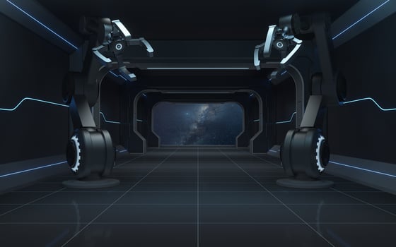 Robotic arms in the dark futuristic room, 3d rendering. photo