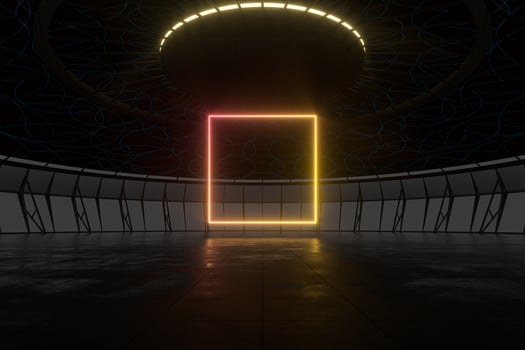 Round dark room with golden glowing frame inside, 3d rendering. photo