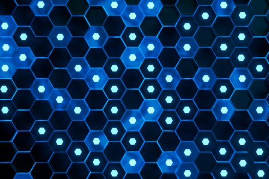 Glowing hexagonal cubes background, hi-tech cyberspace, 3d rendering. photo