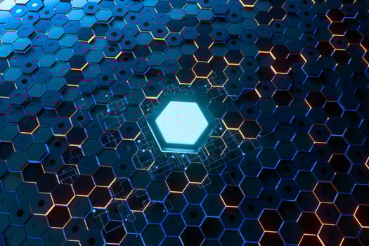 Glowing hexagonal cubes background, hi-tech cyberspace, 3d rendering. photo