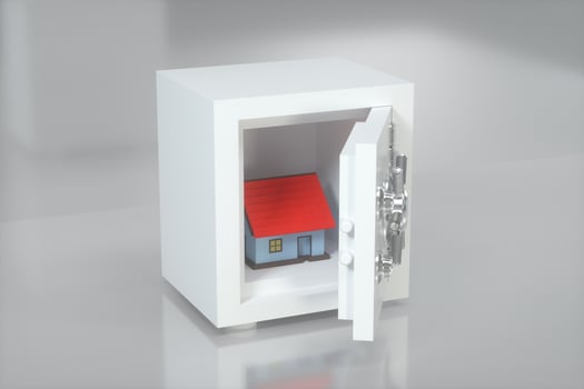 The small house model in the safe box, 3d rendering. photo