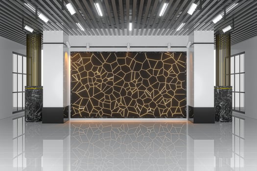 Golden crack wall in the large showroom, 3d rendering. photo