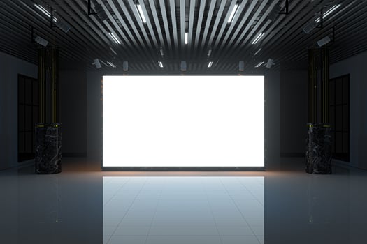The glowing blank wall in the large showroom. 3d rendering. photo