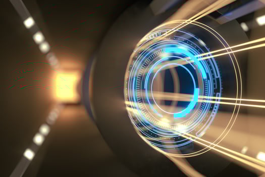 Dark tunnel with glowing HUD elements, 3d rendering. photo